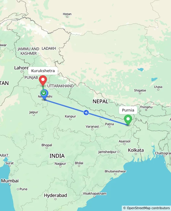 Route map showing distance and travel time from Purnia, India to Kurukshetra, India
