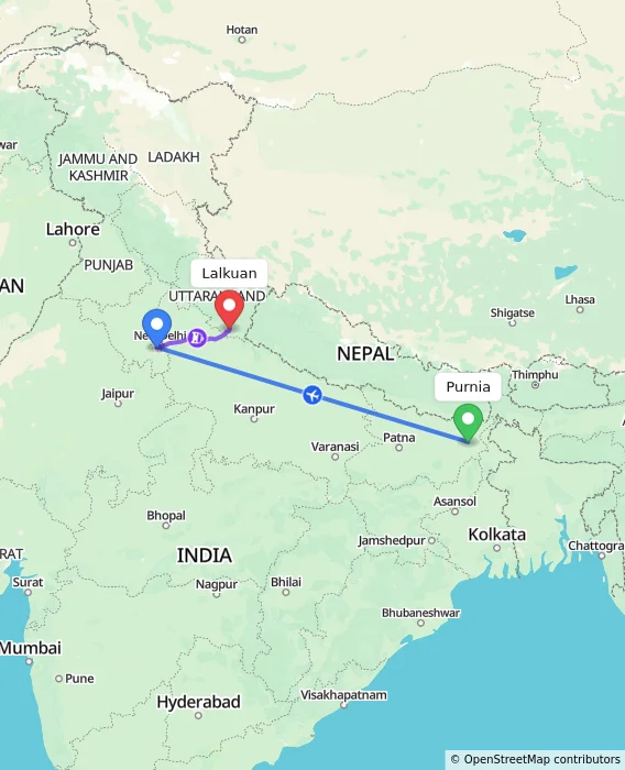 Route map showing distance and travel time from Purnia, India to Lalkuan, India