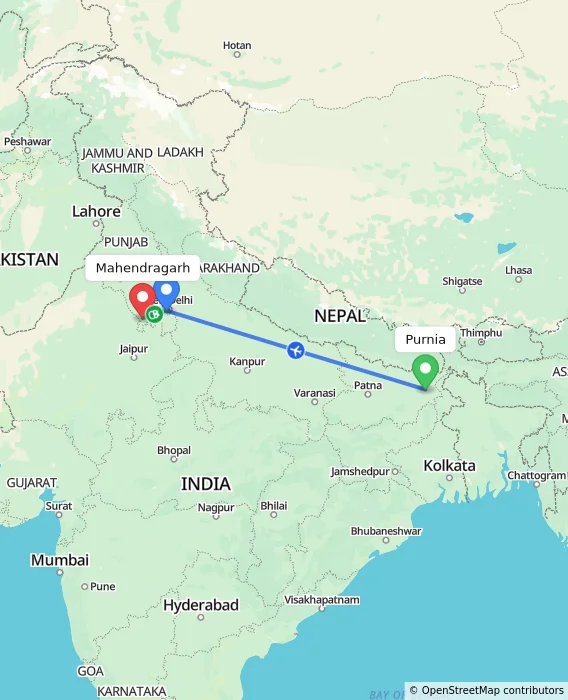 Route map showing distance and travel time from Purnia, India to Mahendragarh, India