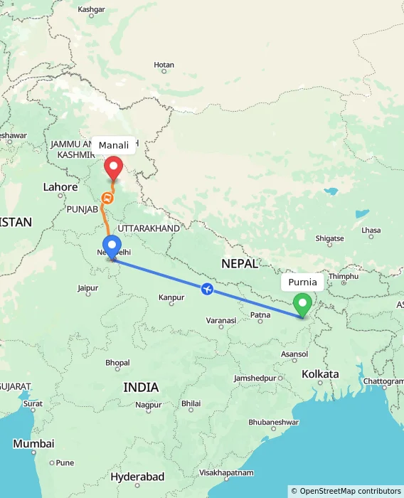 Route map showing distance and travel time from Purnia, India to Manali, India