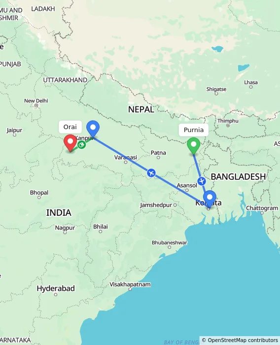 Route map showing distance and travel time from Purnia, India to Orai, India