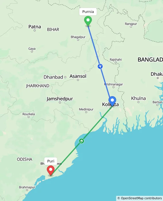 Route map showing distance and travel time from Purnia, India to Puri, India
