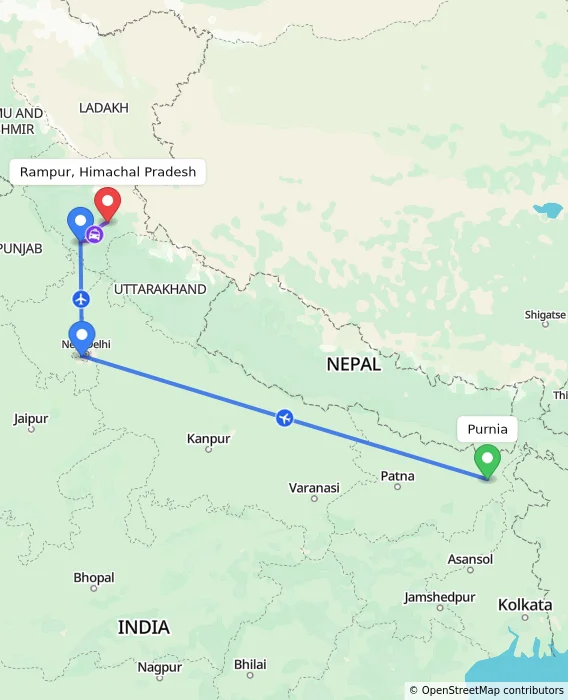 Route map showing distance and travel time from Purnia, India to Rampur, Himachal Pradesh, India