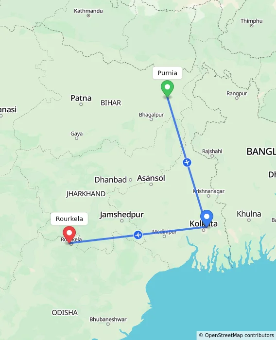 Route map showing distance and travel time from Purnia, India to Rourkela, India