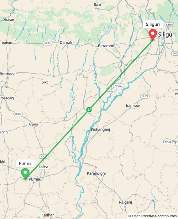 Route map showing distance and travel time from Purnia, India to Siliguri, India
