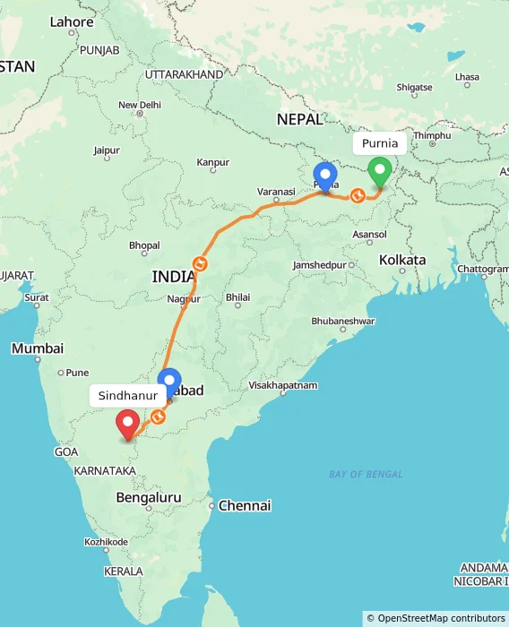 Route map showing distance and travel time from Purnia, India to Sindhanur, India