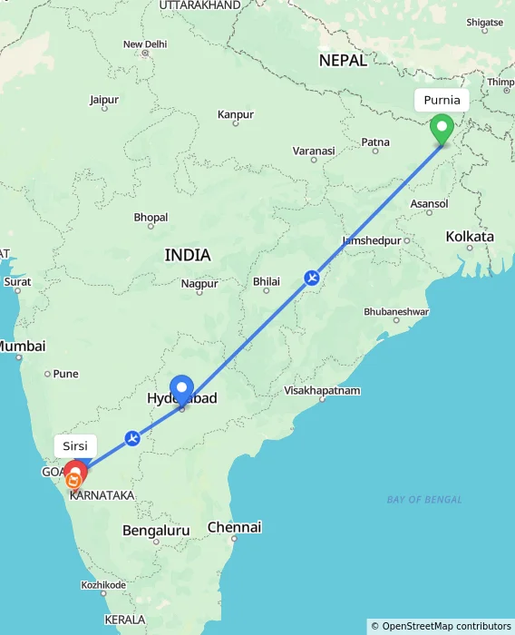 Route map showing distance and travel time from Purnia, India to Sirsi, India