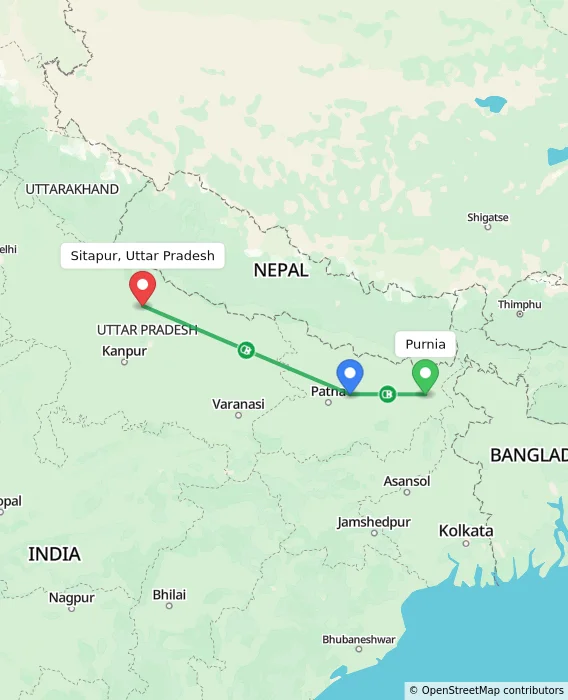 Route map showing distance and travel time from Purnia, India to Sitapur, Uttar Pradesh, India