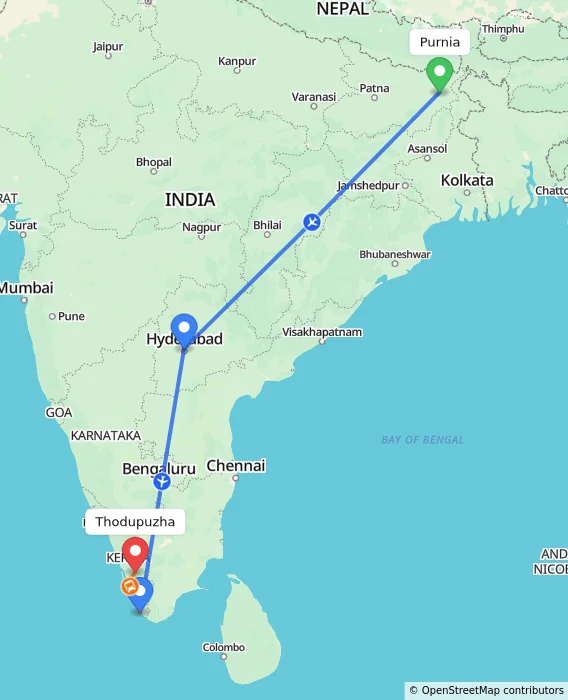 Route map showing distance and travel time from Purnia, India to Thodupuzha, India