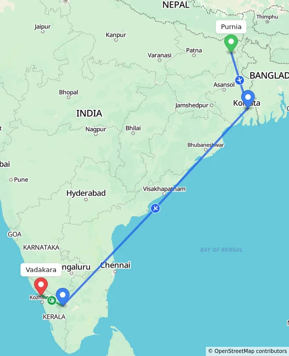 Route map showing distance and travel time from Purnia, India to Vadakara, India