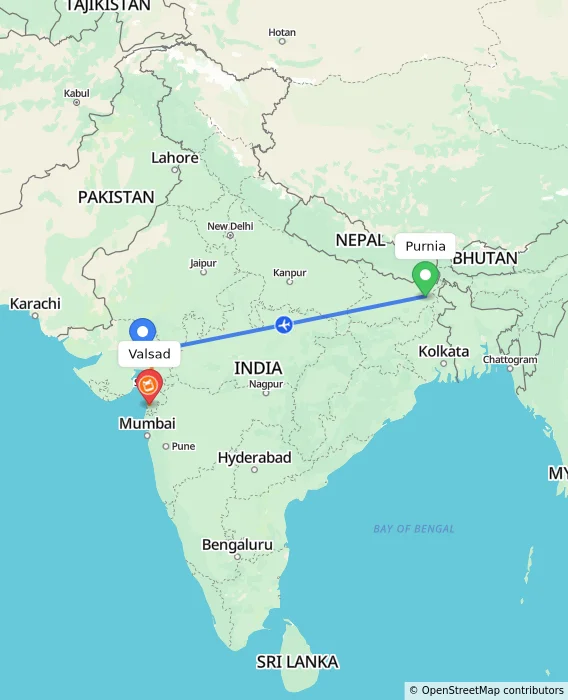 Route map showing distance and travel time from Purnia, India to Valsad, India