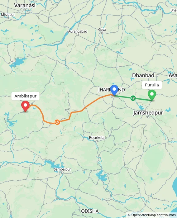 Route map showing distance and travel time from Purulia, India to Ambikapur, India