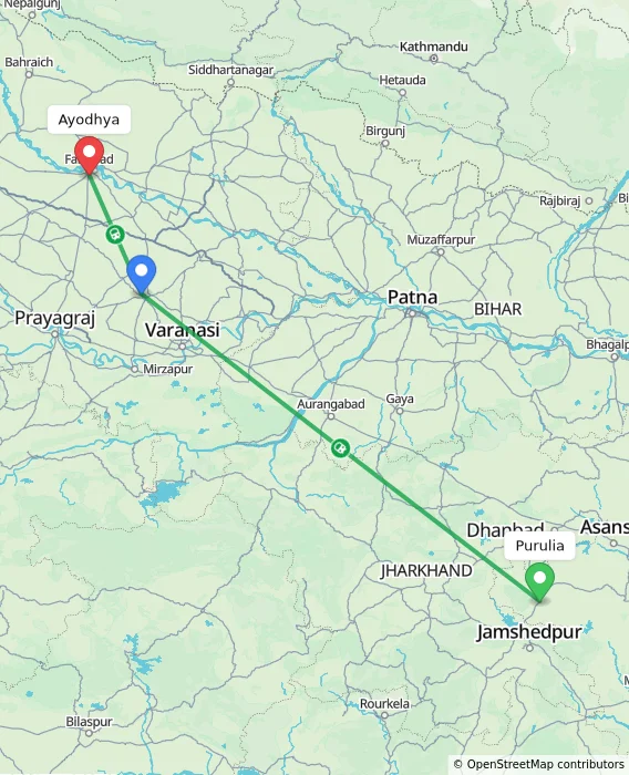 Route map showing distance and travel time from Purulia, India to Ayodhya, India
