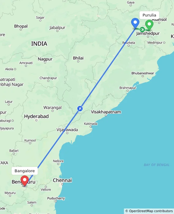 Route map showing distance and travel time from Purulia, India to Bangalore, India