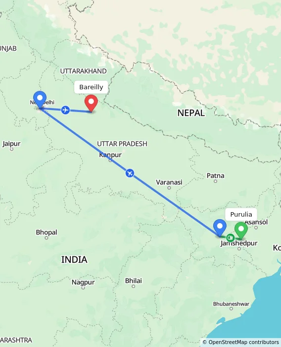 Route map showing distance and travel time from Purulia, India to Bareilly, India