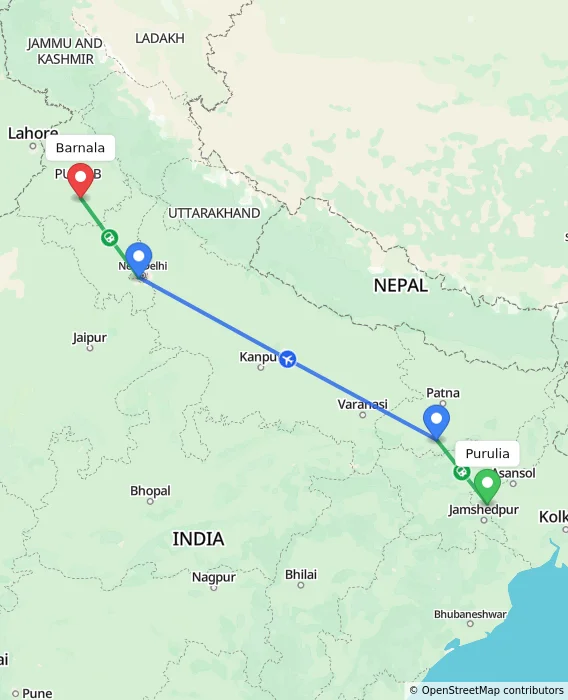 Route map showing distance and travel time from Purulia, India to Barnala, India