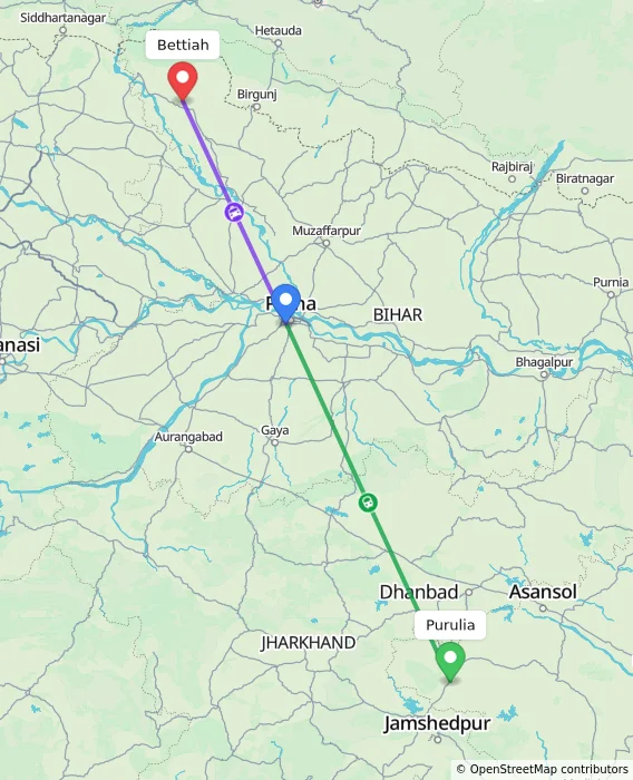 Route map showing distance and travel time from Purulia, India to Bettiah, India
