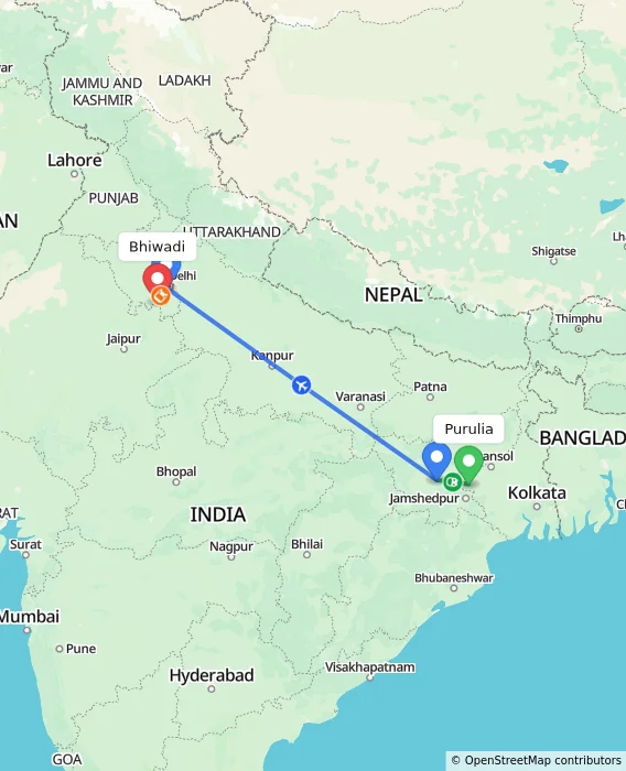 Route map showing distance and travel time from Purulia, India to Bhiwadi, India