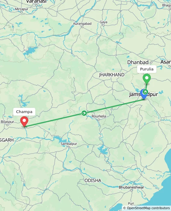 Route map showing distance and travel time from Purulia, India to Champa, India