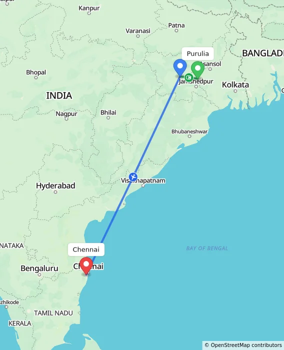 Route map showing distance and travel time from Purulia, India to Chennai, India