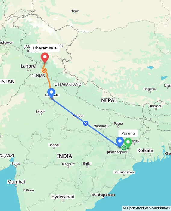Route map showing distance and travel time from Purulia, India to Dharamsala, India