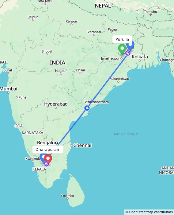 Route map showing distance and travel time from Purulia, India to Dharapuram, India