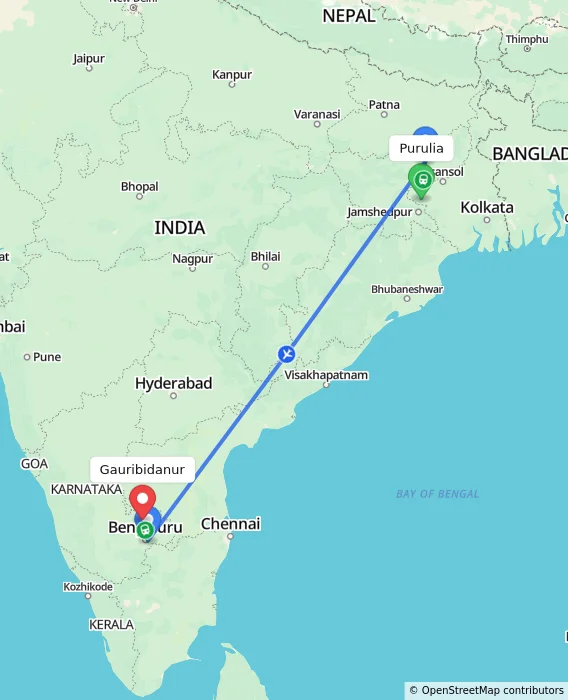 Route map showing distance and travel time from Purulia, India to Gauribidanur, India