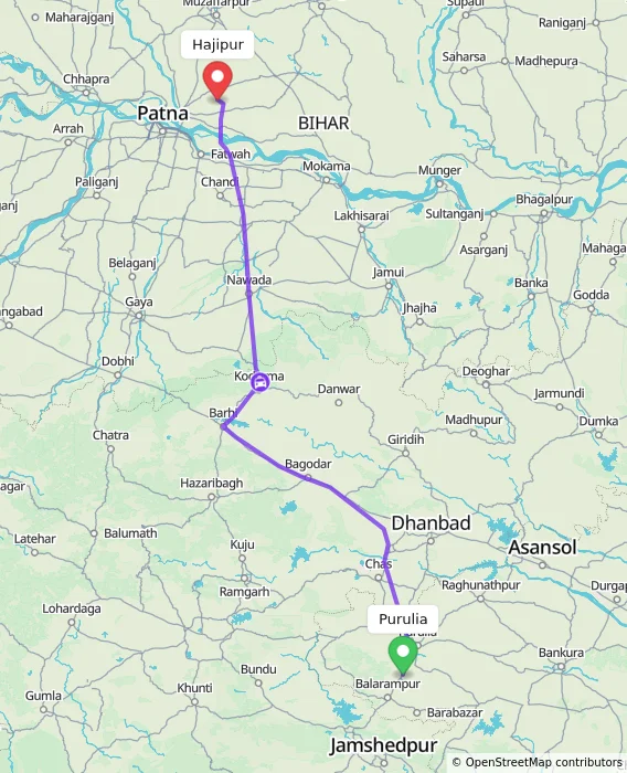 Route map showing distance and travel time from Purulia, India to Hajipur, India