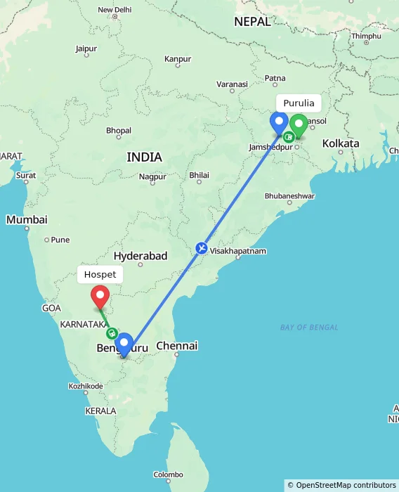 Route map showing distance and travel time from Purulia, India to Hospet, India