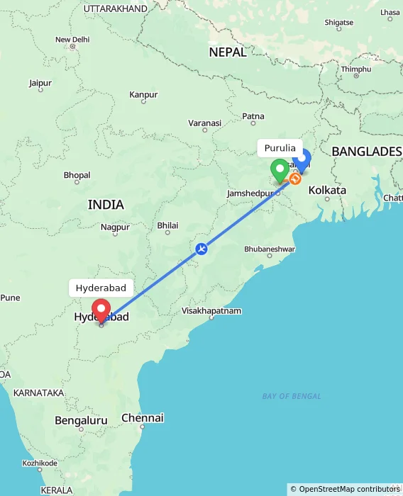 Route map showing distance and travel time from Purulia, India to Hyderabad, India