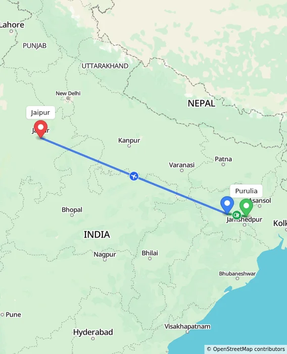 Route map showing distance and travel time from Purulia, India to Jaipur, India