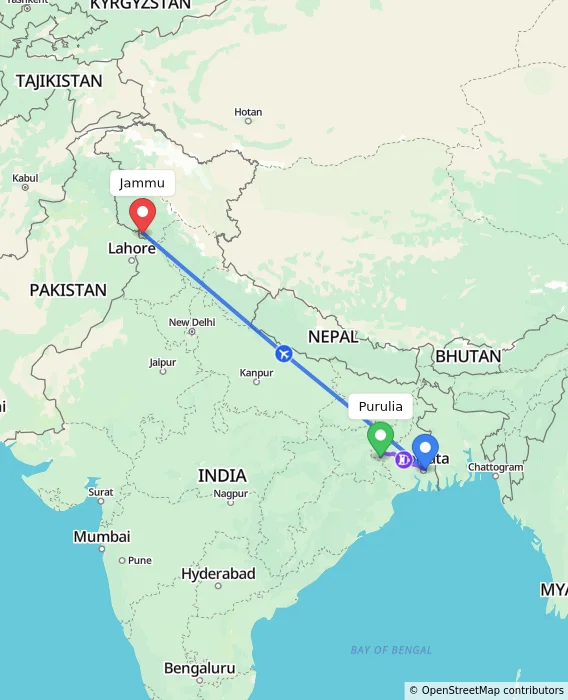 Route map showing distance and travel time from Purulia, India to Jammu, India