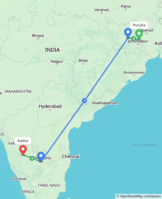 Route map showing distance and travel time from Purulia, India to Kadur, India