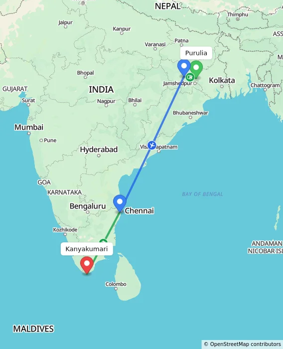 Route map showing distance and travel time from Purulia, India to Kanyakumari, India
