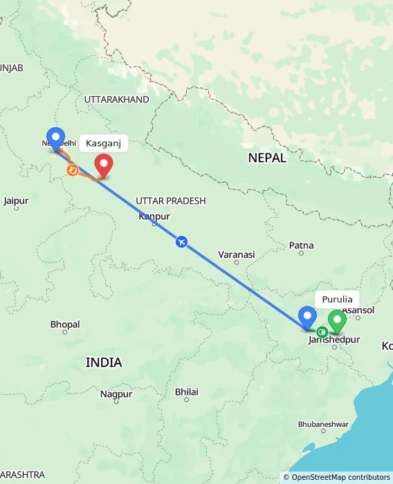 Route map showing distance and travel time from Purulia, India to Kasganj, India