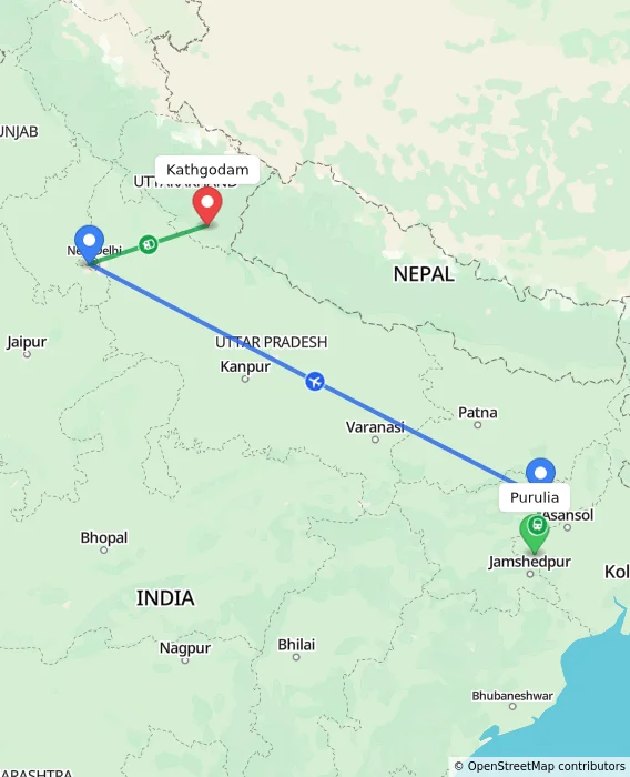 Route map showing distance and travel time from Purulia, India to Kathgodam, India