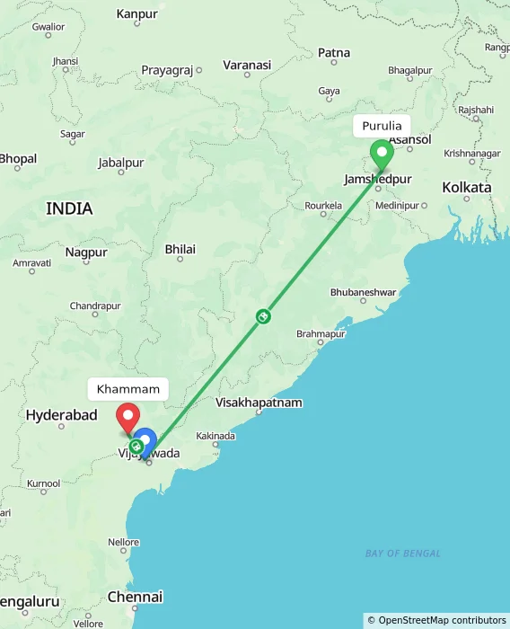 Route map showing distance and travel time from Purulia, India to Khammam, India