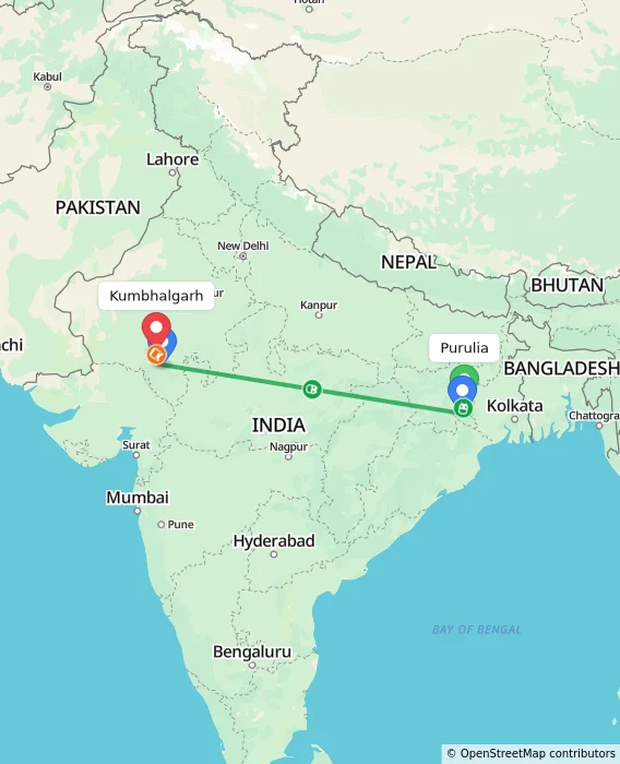 Route map showing distance and travel time from Purulia, India to Kumbhalgarh, India