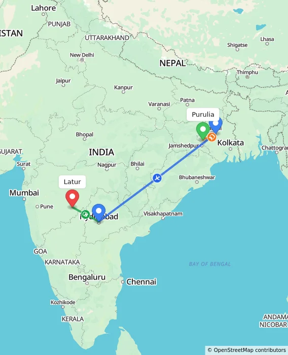 Route map showing distance and travel time from Purulia, India to Latur, India