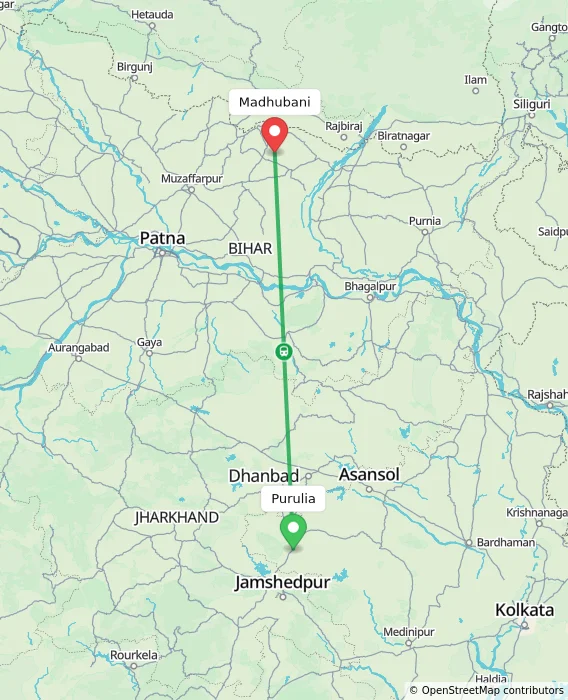 Route map showing distance and travel time from Purulia, India to Madhubani, India