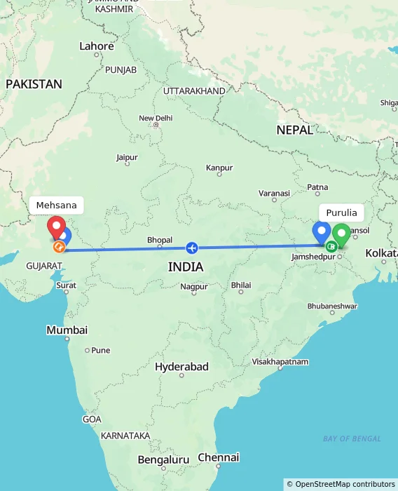 Route map showing distance and travel time from Purulia, India to Mehsana, India