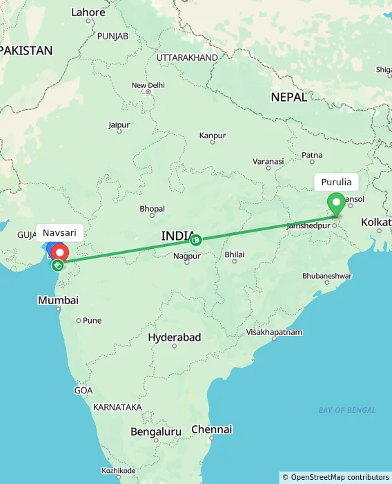 Route map showing distance and travel time from Purulia, India to Navsari, India