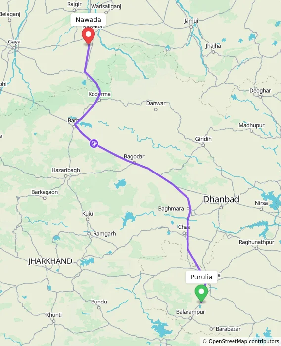Route map showing distance and travel time from Purulia, India to Nawada, India