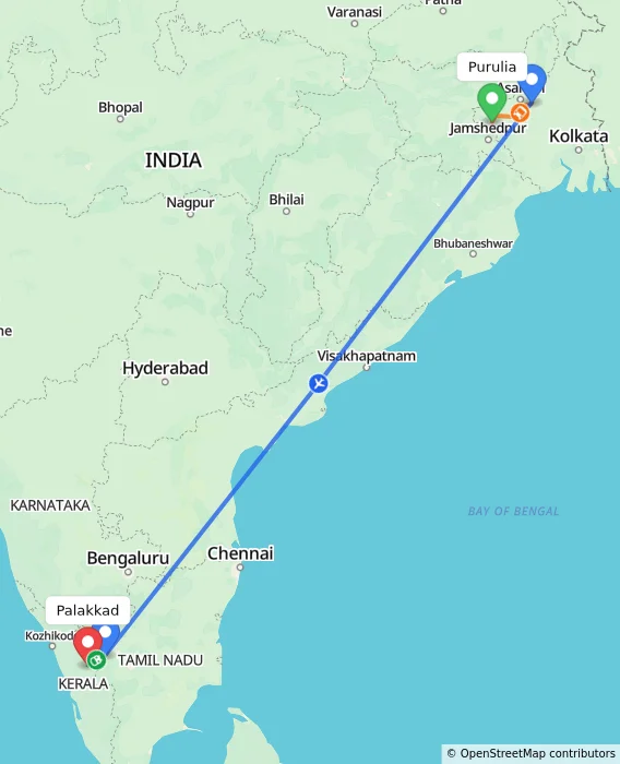Route map showing distance and travel time from Purulia, India to Palakkad, India