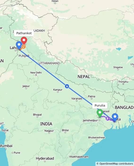 Route map showing distance and travel time from Purulia, India to Pathankot, India