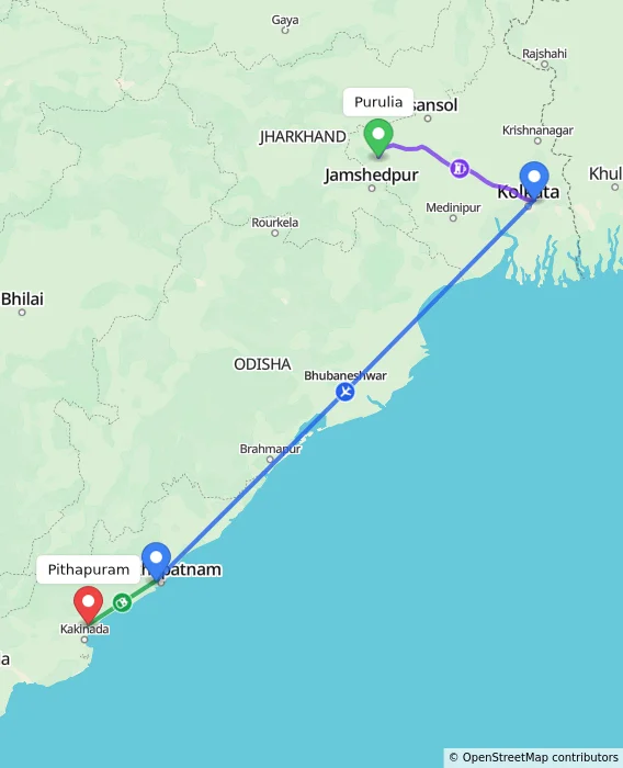 Route map showing distance and travel time from Purulia, India to Pithapuram, India