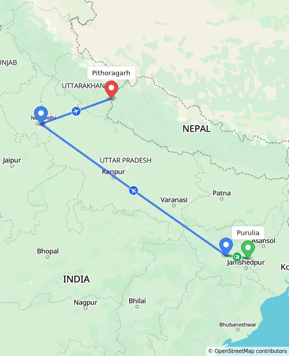 Route map showing distance and travel time from Purulia, India to Pithoragarh, India