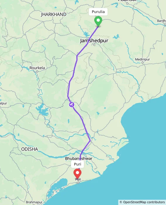 Route map showing distance and travel time from Purulia, India to Puri, India