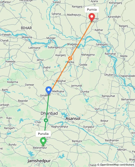 Route map showing distance and travel time from Purulia, India to Purnia, India
