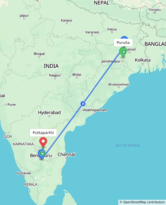 Route map showing distance and travel time from Purulia, India to Puttaparthi, India